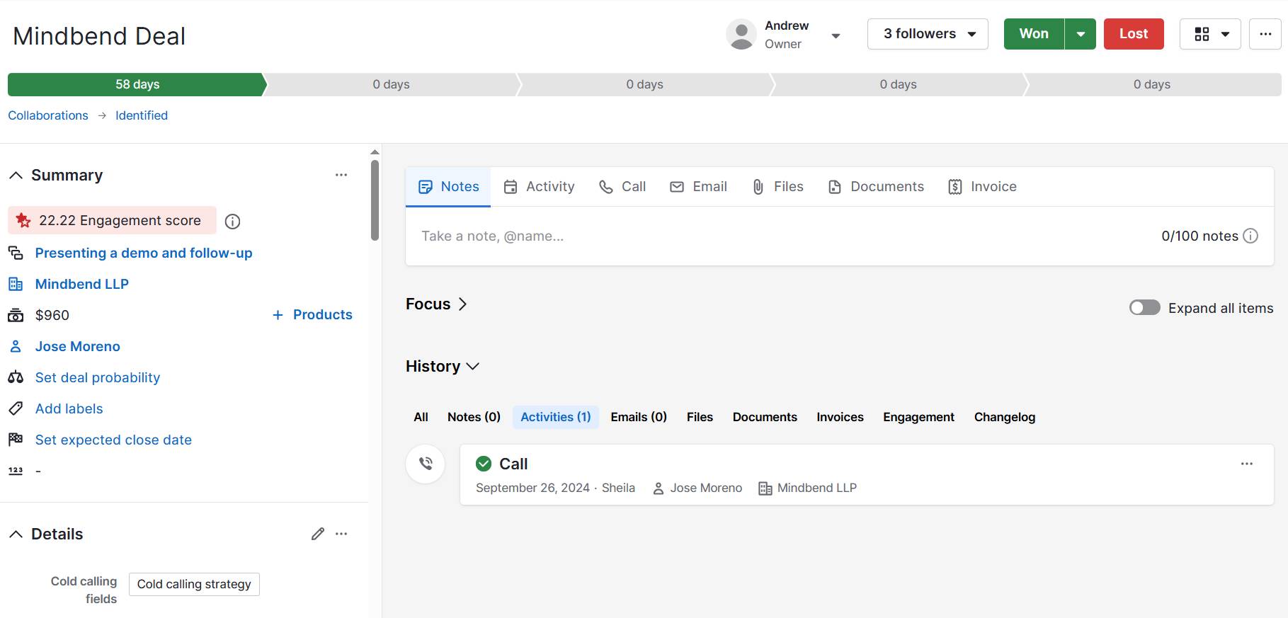 Electrician CRM Pipedrive contact detail view