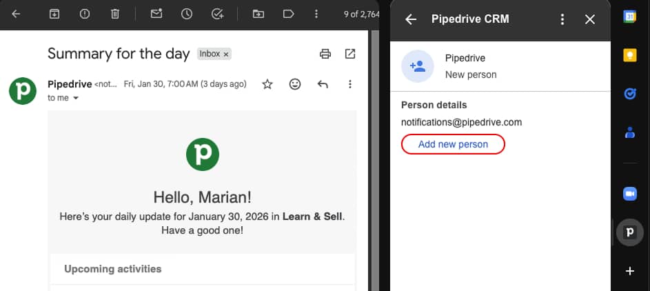 Email alias Pipedrive Gmail add-on