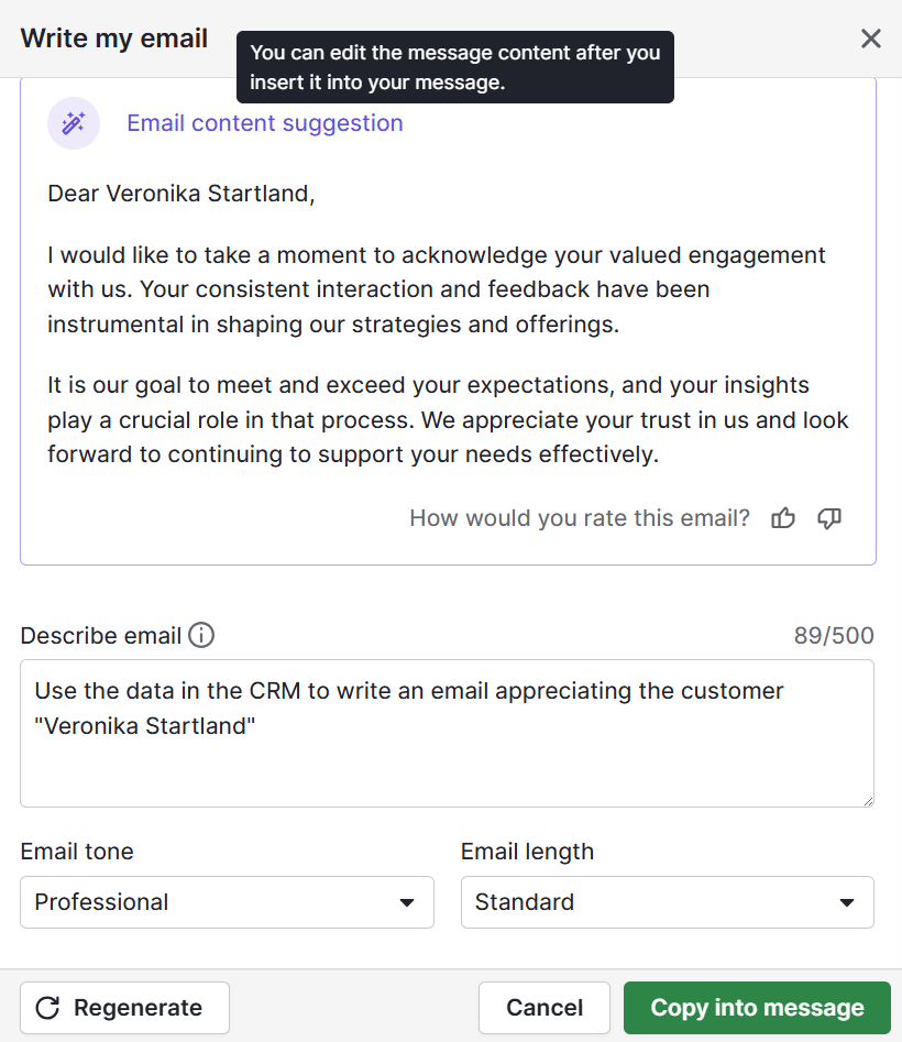 Email confirmation Pipedrive AI email writer