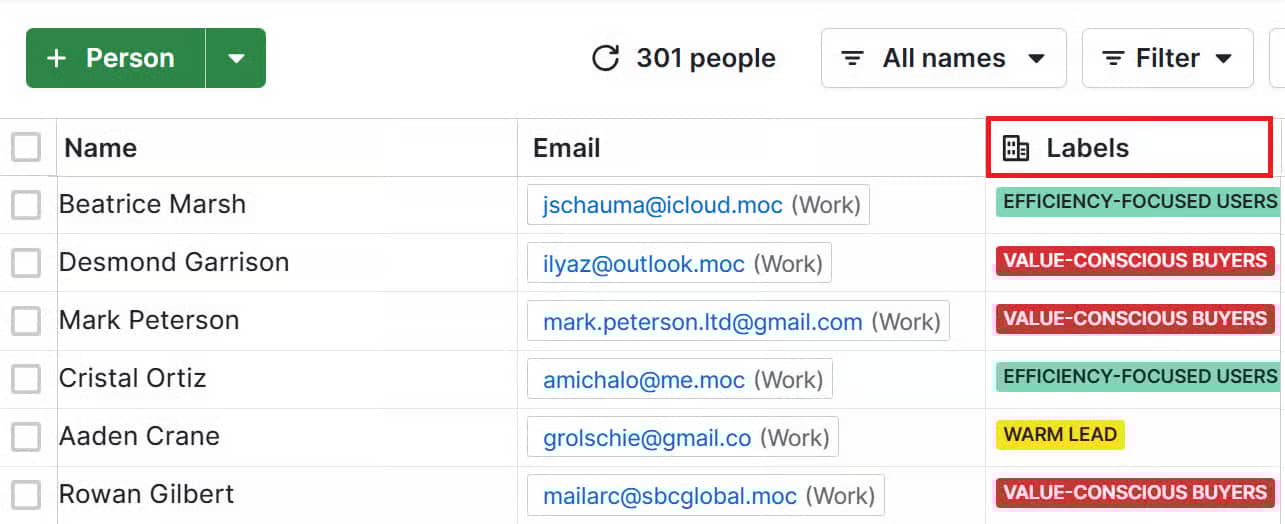 Email marketing software Pipedrive labels for segmentation
