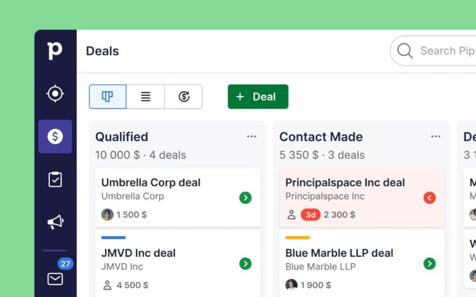 Embudo de ventas de Pipedrive con tratos organizados por etapa.