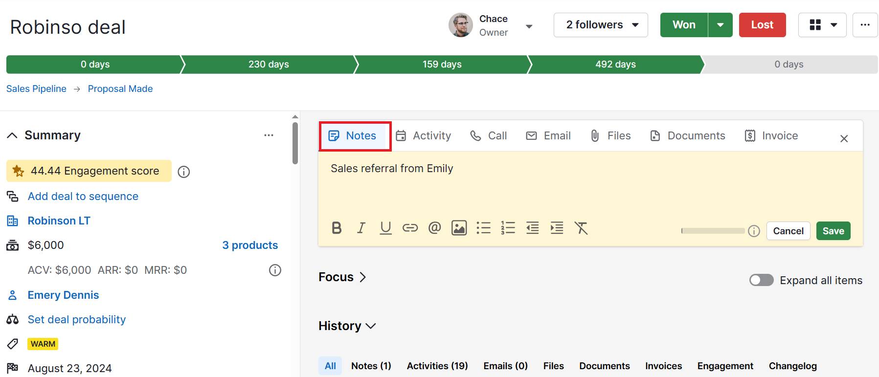 Emotional marketing Pipedrive notes interface