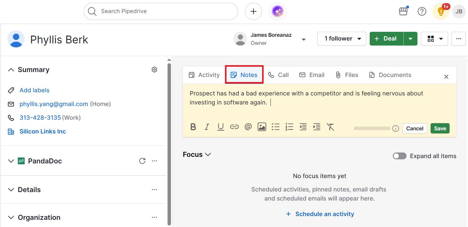 Empathic communication Pipedrive Notes feature