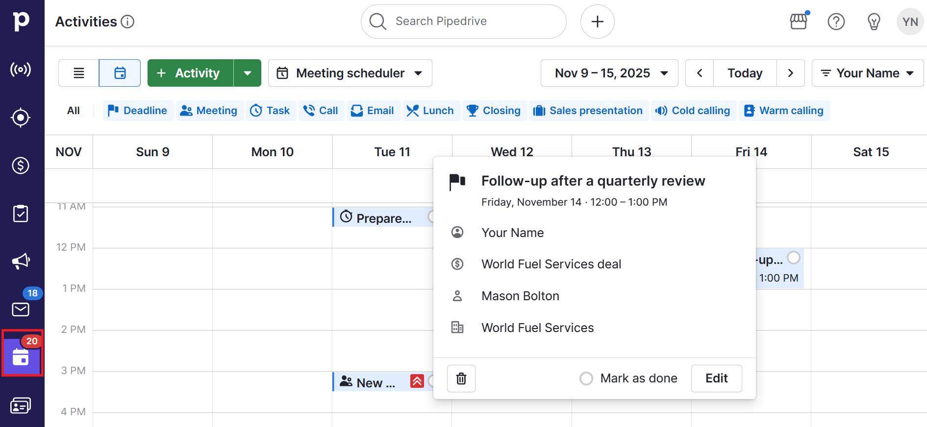 Energy CRM Pipedrive activity dashboard