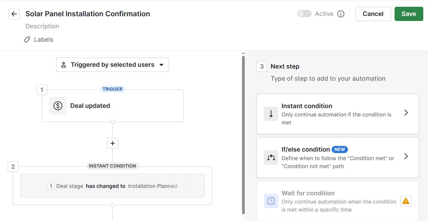 Energy CRM Pipedrive automation workflow builder