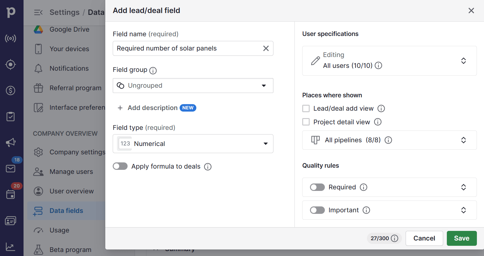 Energy CRM Pipedrive custom fields