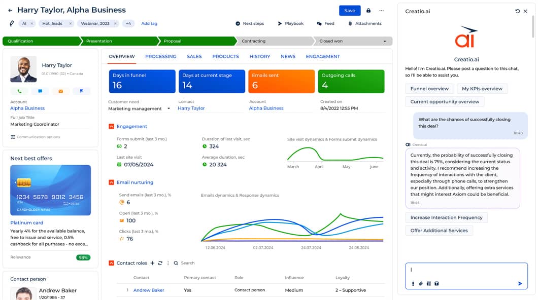 Financial services CRM Creatio contact record