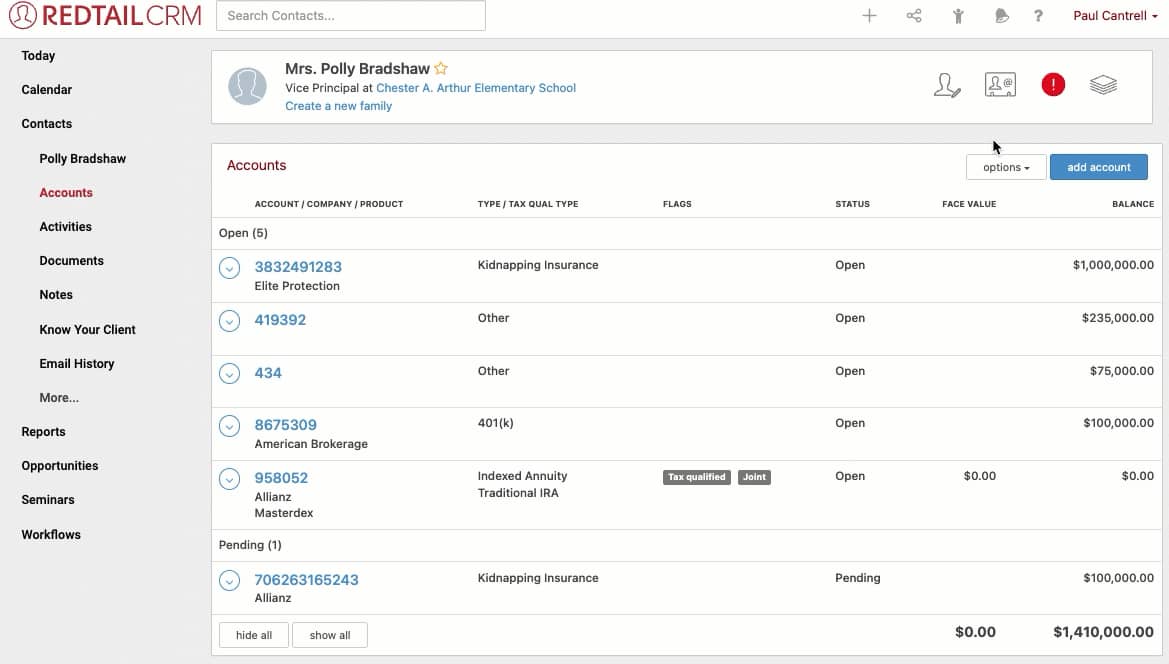 Financial services CRM Redtail  CRM contact record