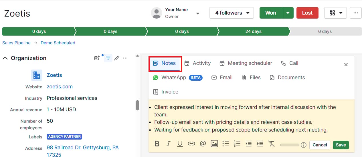 Founder-led sales Pipedrive deal or contact notes