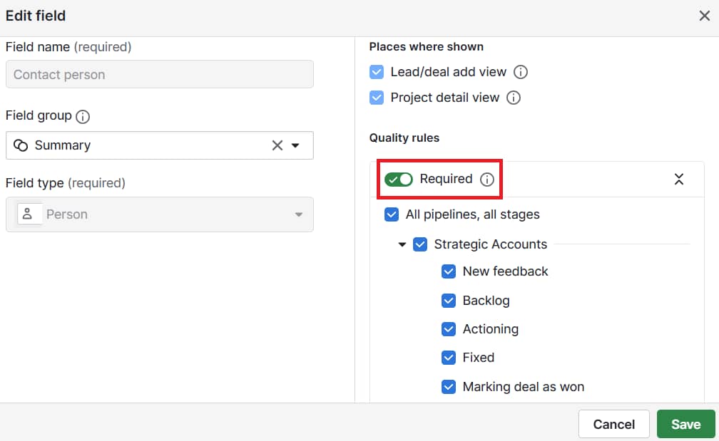Founder-led sales Pipedrive required fields