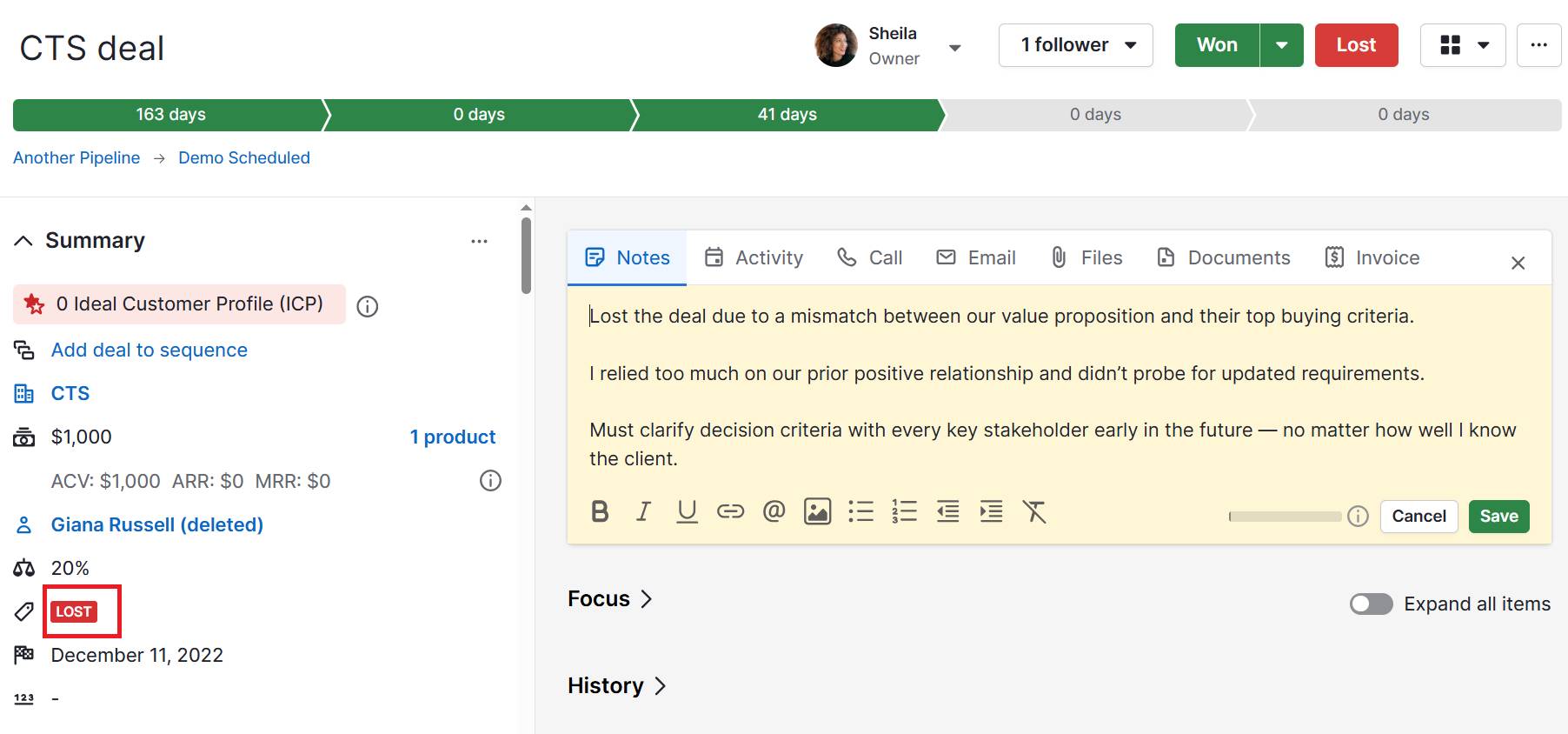 Growth mindset vs. fixed mindset Pipedrive note