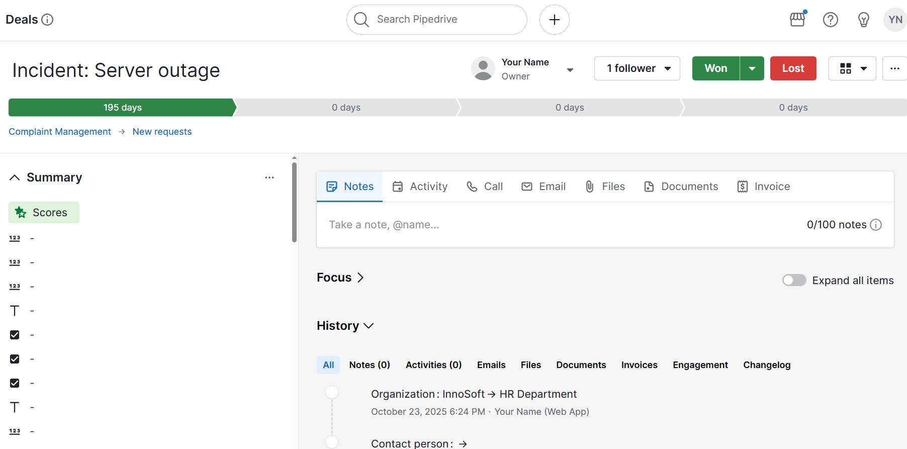  Incident management software Pipedrive deal view