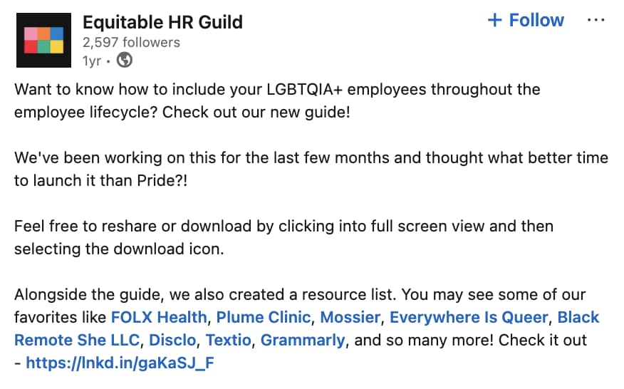 Inclusive marketing LGBTQIA+ LinkedIn post