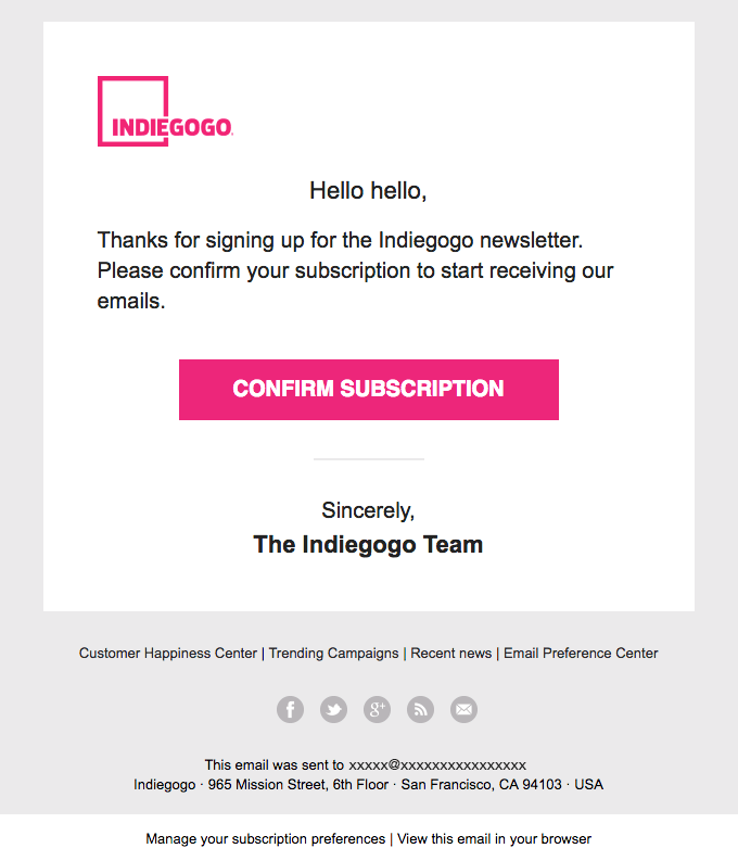 Indiegogo Email confirmation subscription