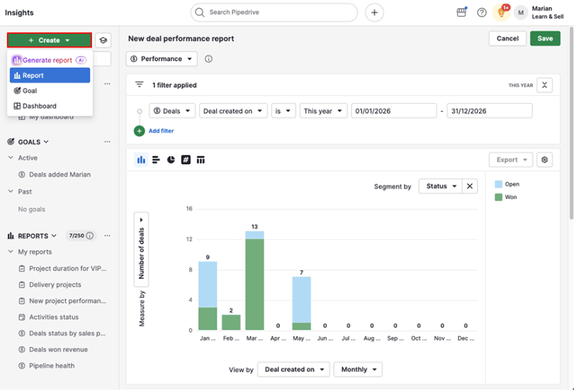 Informes y paneles de venta en el CRM de Pipedrive