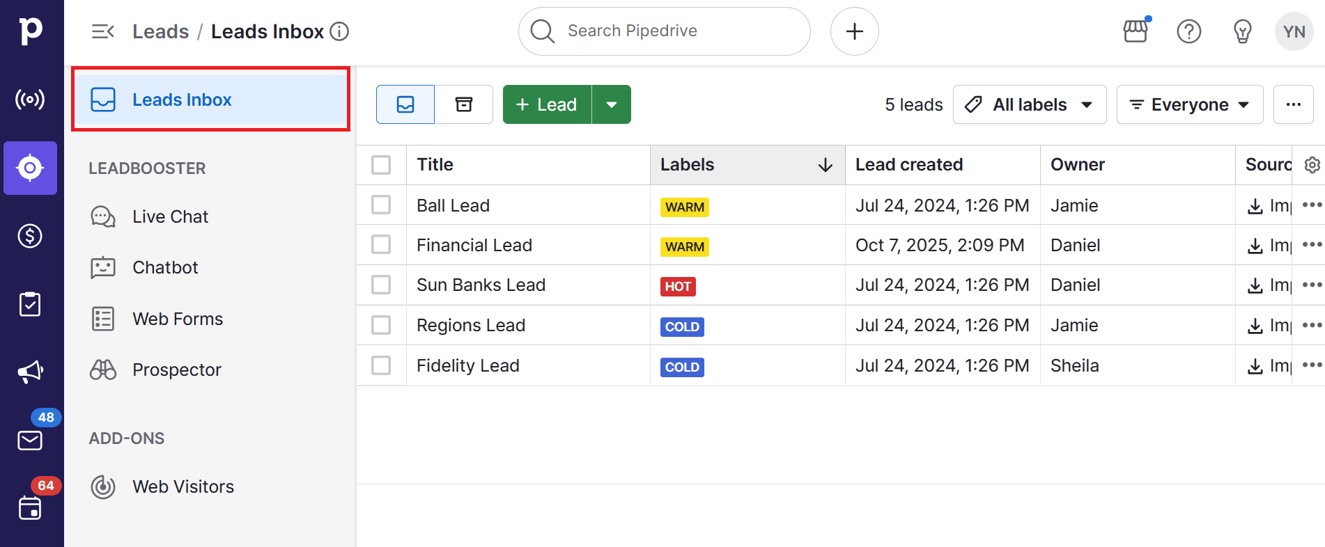 Inside vs outside sales reps Pipedrive leads inbox