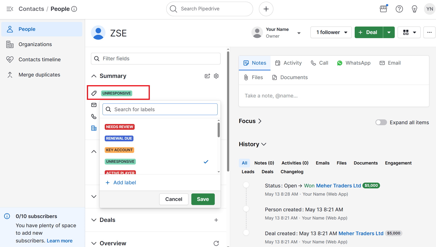 Key account management Pipedrive contact person labels