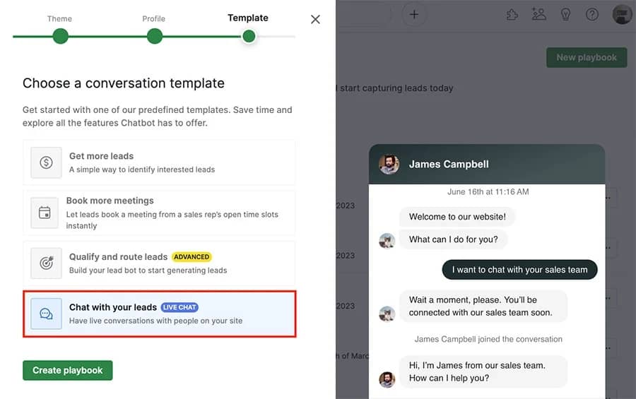 Pipedrive chatbot template selection screen with a live chat conversation preview