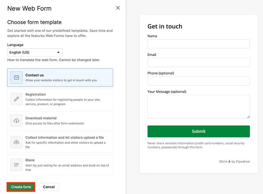 Pipedrive Web Forms settings for customizing form fields and submission options