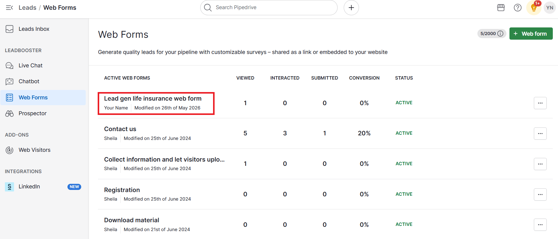 Lead gen life insurance Pipedrive Web Forms