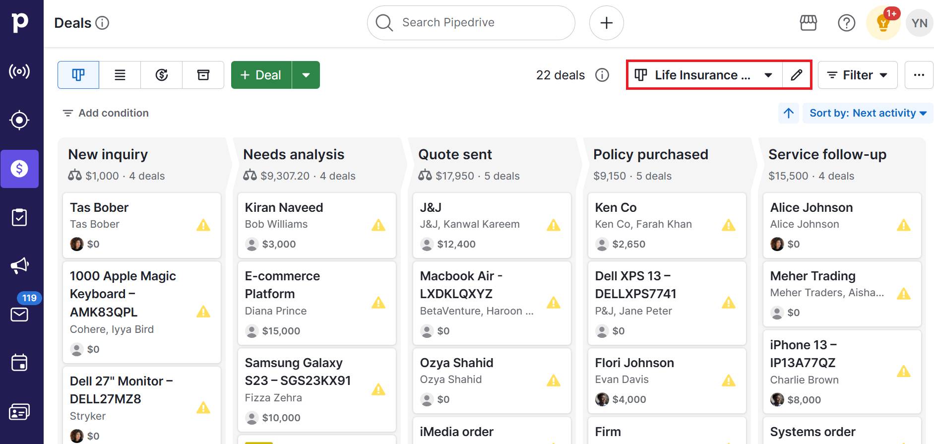 Lead gen life insurance Pipedrive custom pipeline