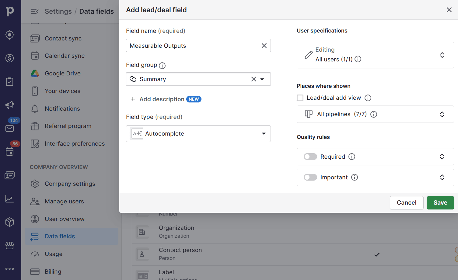 Logic model template Pipedrive custom fields