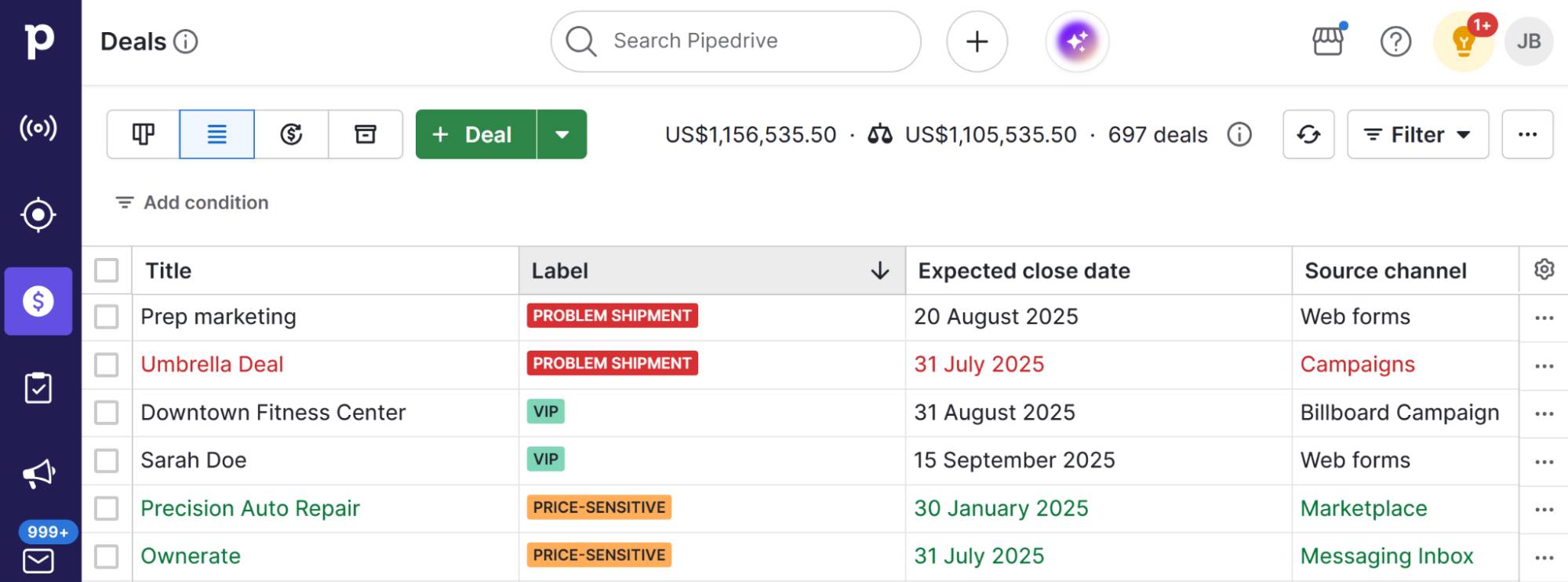 Logistics CRM Pipedrive deal labels