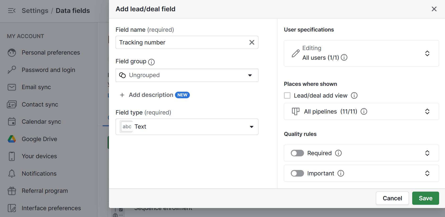 Logistics CRM Pipedrive organization field
