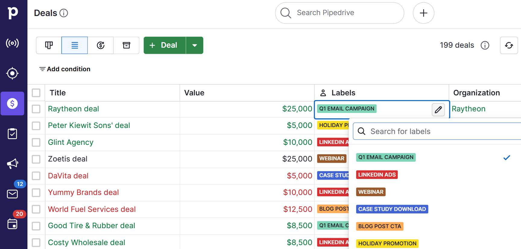 Marketing calendar Pipedrive deal labels