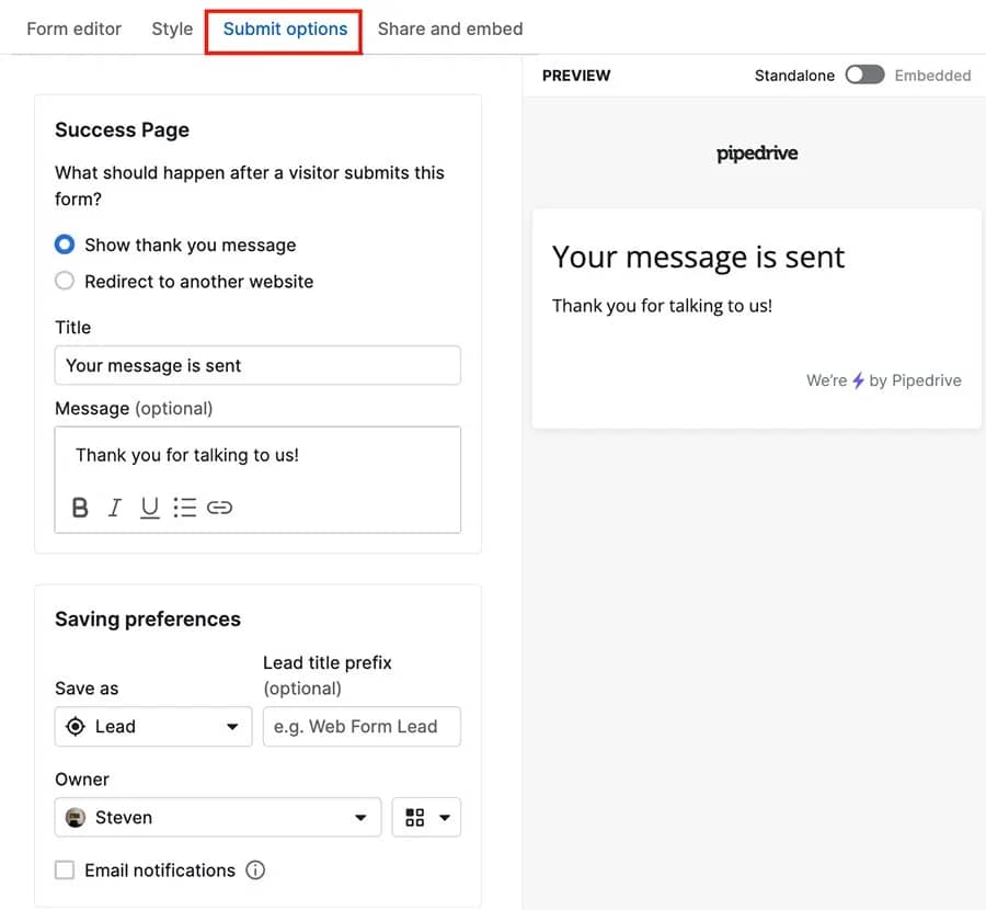 Marketing funnel Pipedrive Web Forms