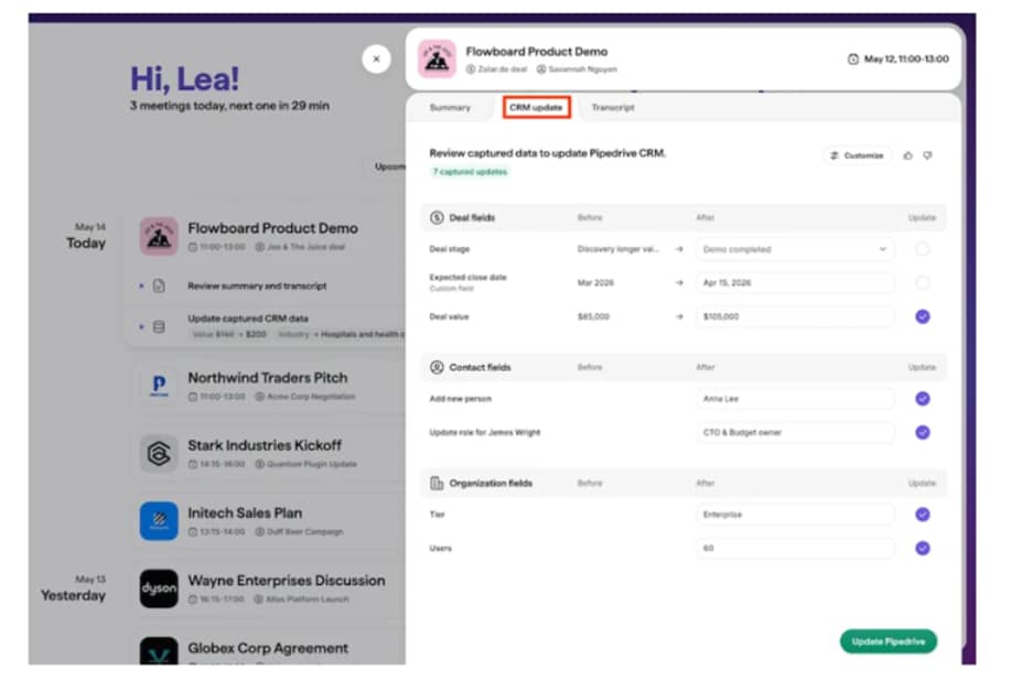 Nova post-meeting summary and suggested CRM updates