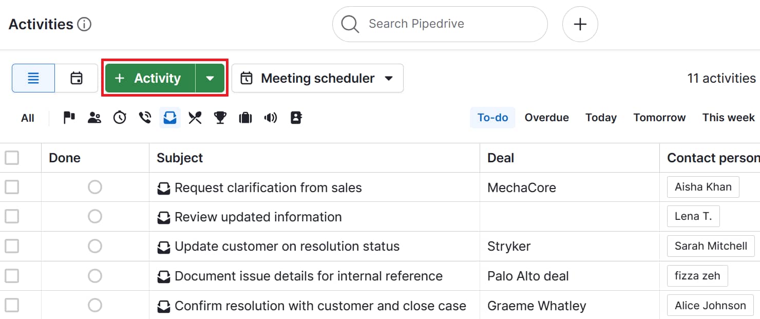 Omnichannel customer service Pipedrive activities