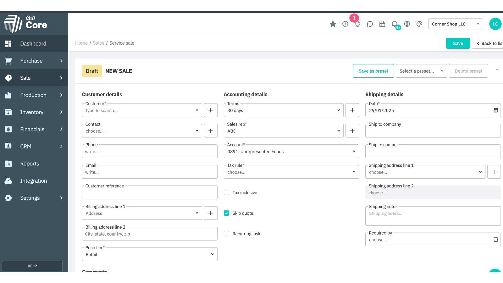 Order management software Cin7 Core interface