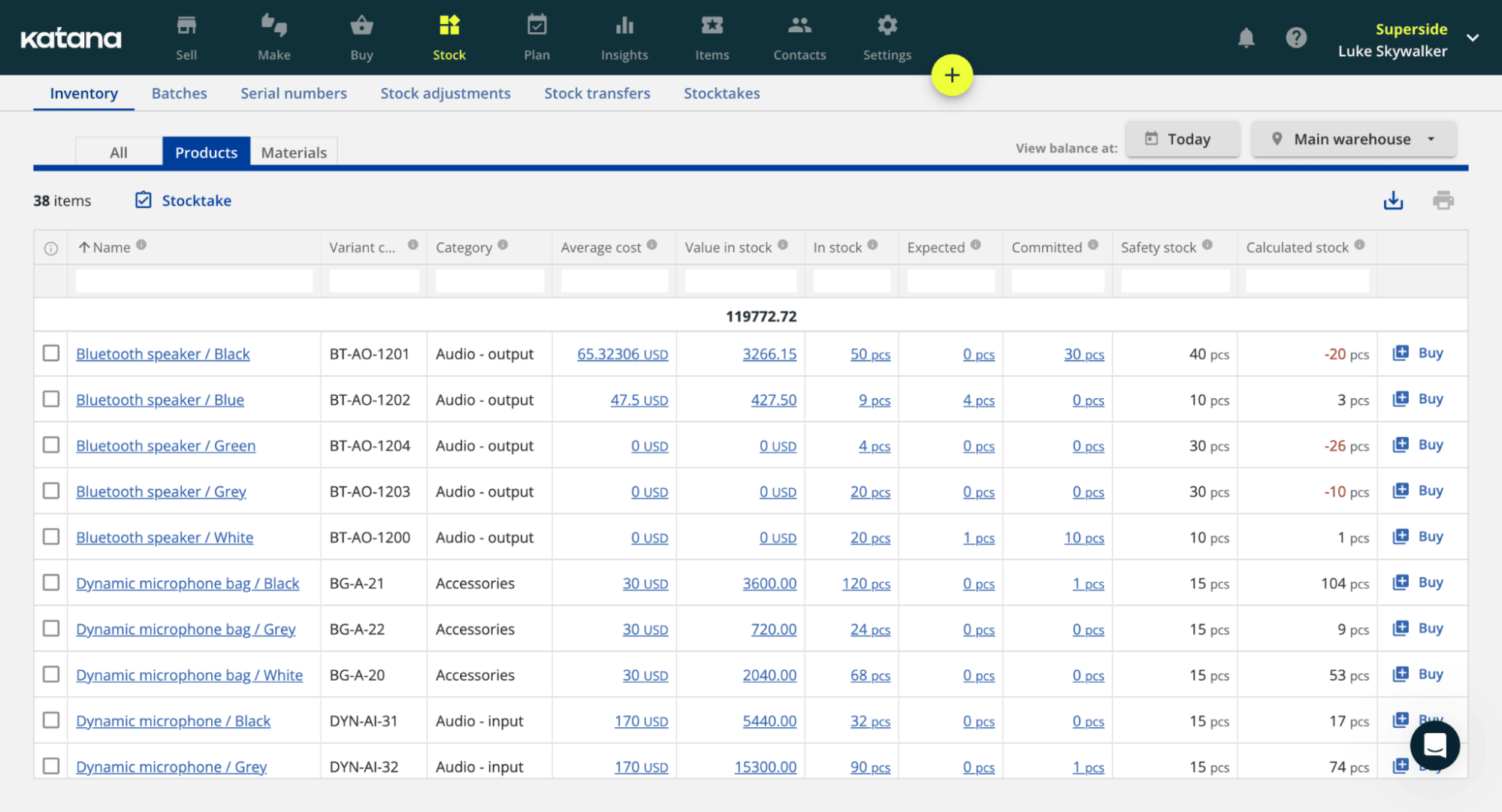 Order management software Katana interface