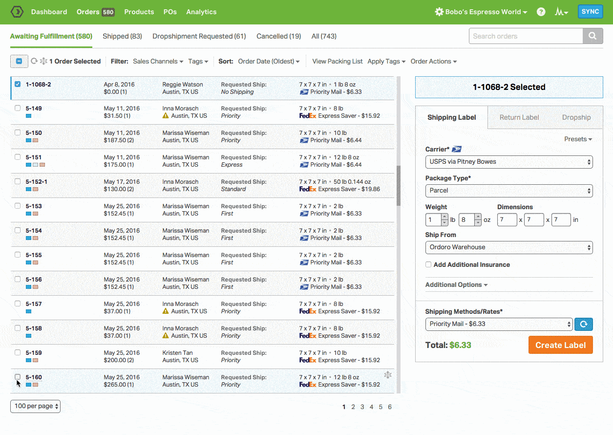 Order management software Ordoro interface