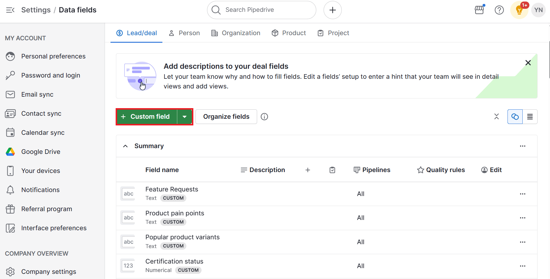 Order management software Pipedrive custom fields
