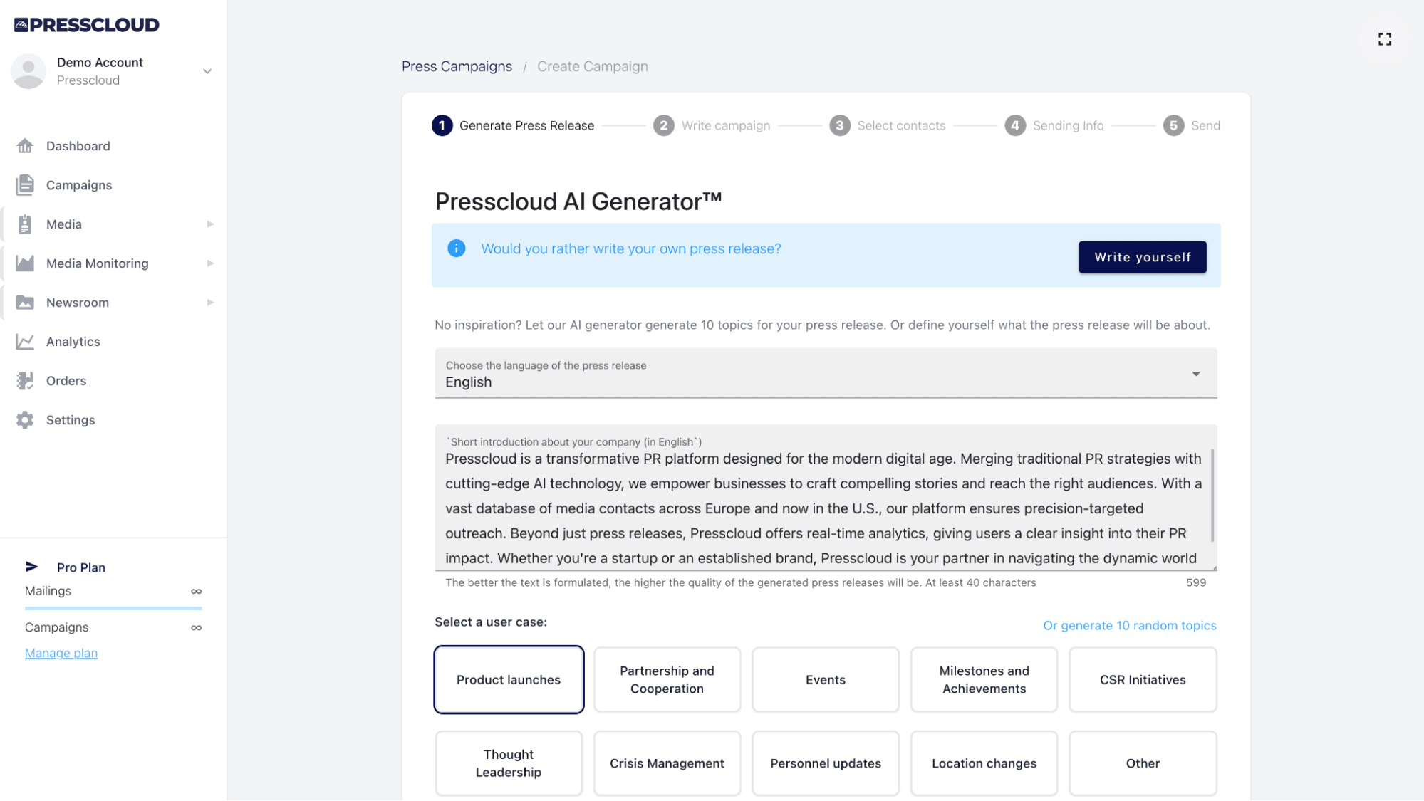 PR CRM software Presscloud AI generator