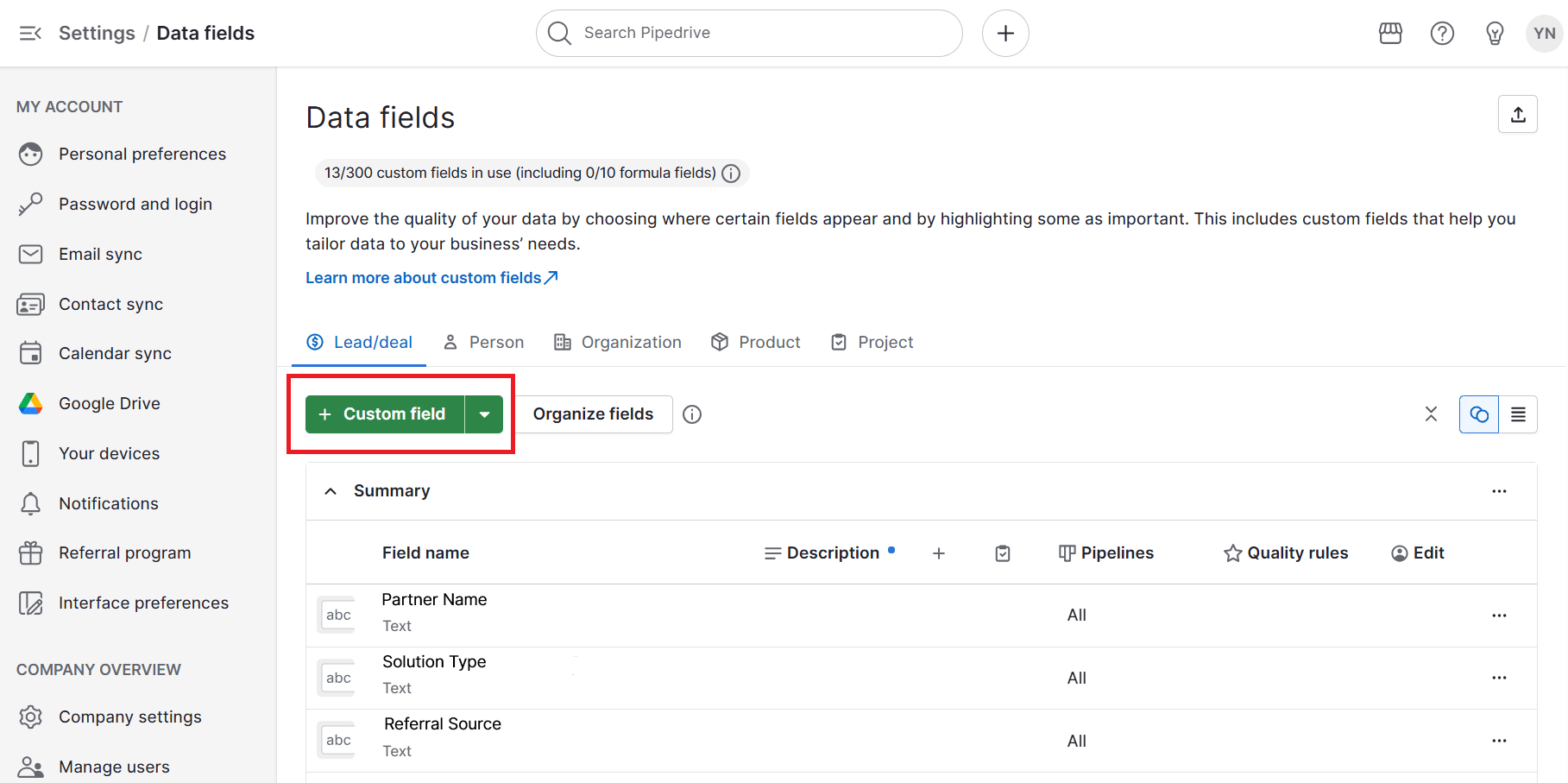 Partner solutions Pipedrive custom fields