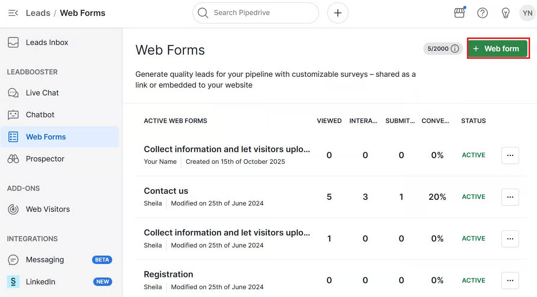 Performance management software Pipedrive web forms