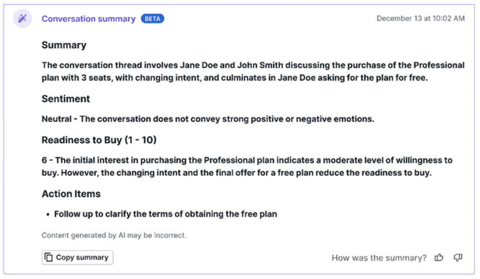 Pipedrive AI email summary with sentiment, readiness-to-buy score and action items