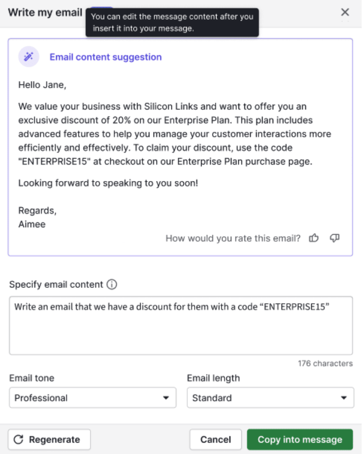 Pipedrive AI email writer showing a generated sales email draft ready for review