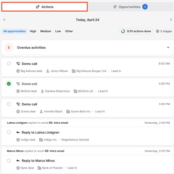 Pipedrive Pulse Actividades de vendas