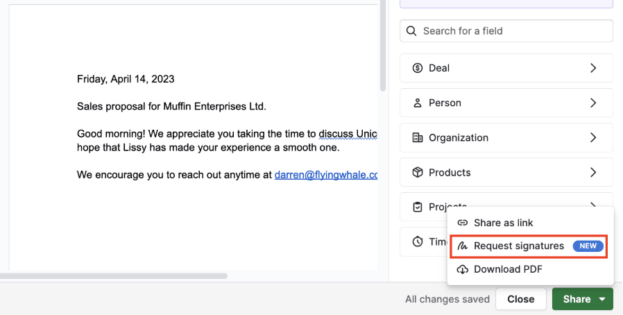 Pipedrive Smart Docs proposal document with the Request signatures option highlighted for sales order approval