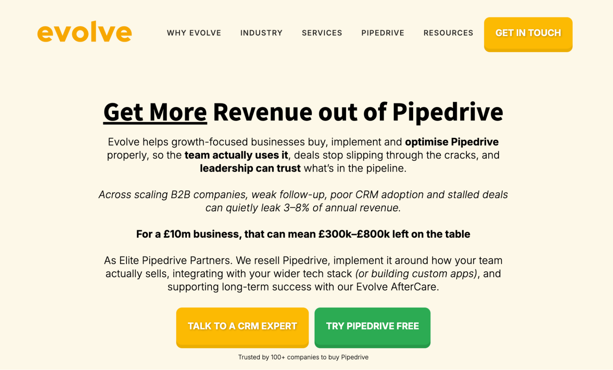 Pipedrive consultant Evolve homepage