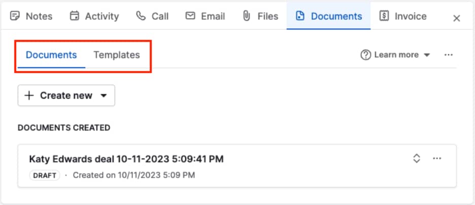Pipedrive deal detail view Documents tab listing documents created for a sales order
