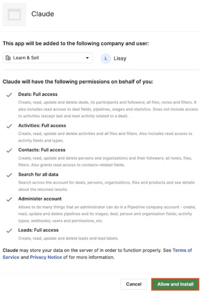 Pipedrive permissions pop-up for approving the MCP connection before an AI assistant gets access