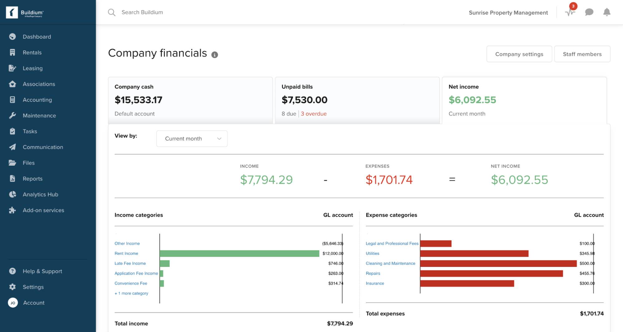 Portfolio management software Buildium dashboard