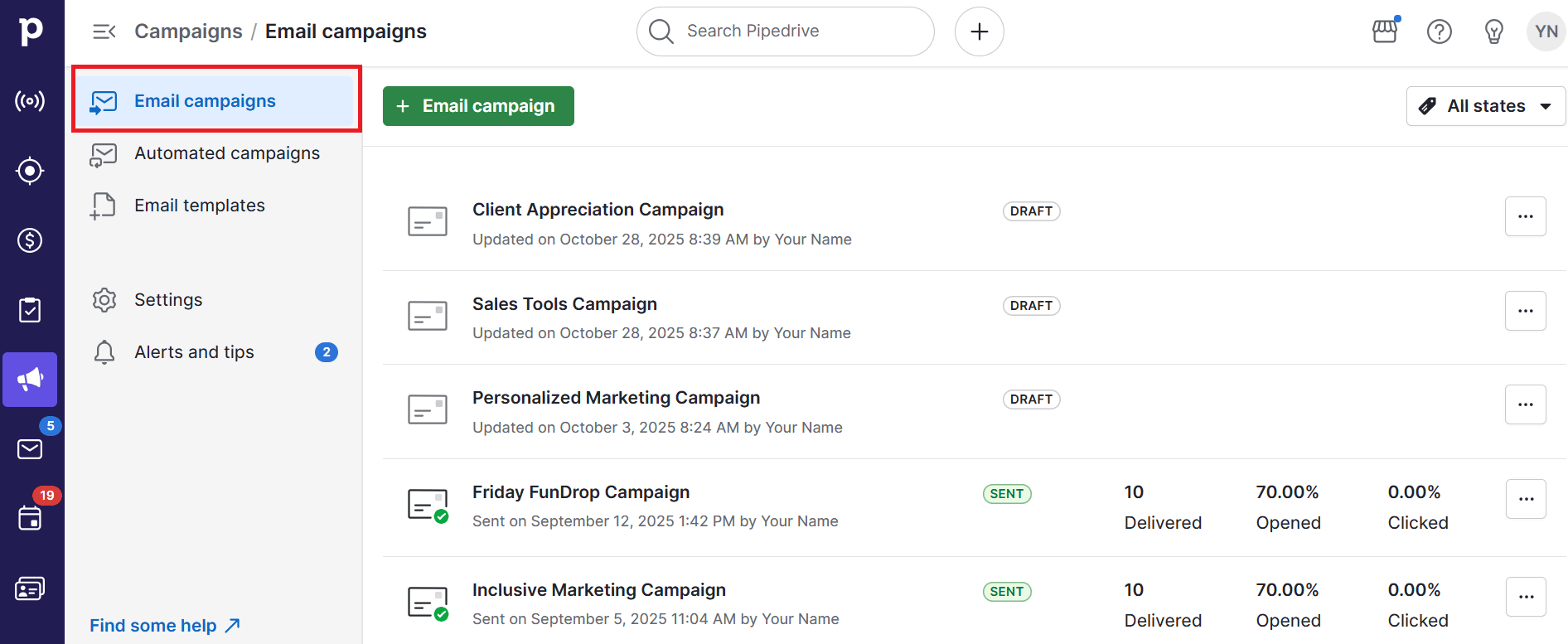 Prospecting tools Pipedrive Campaigns interface