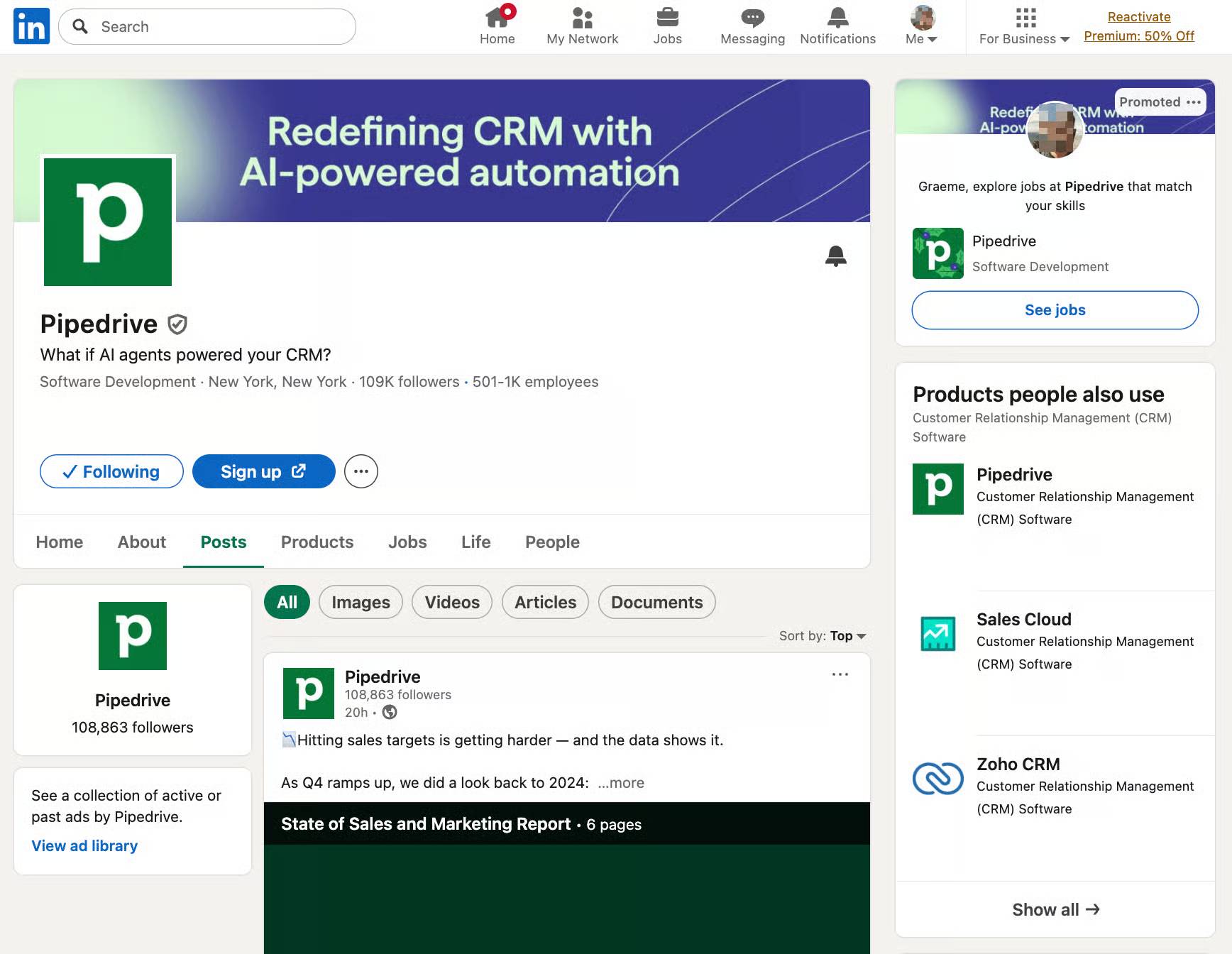 Prospecting tools Pipedrive LinkedIn company page
