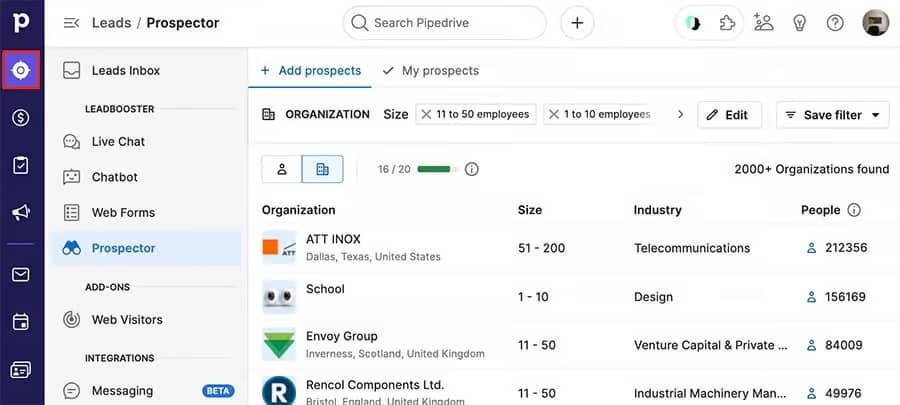 Prospecting tools Pipedrive Prospector B2B database